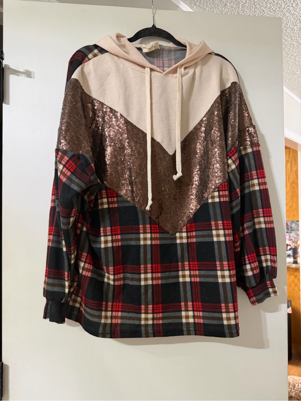 Grace & Emma Plaid Hoodie with Rose Gold Sequin Chevron